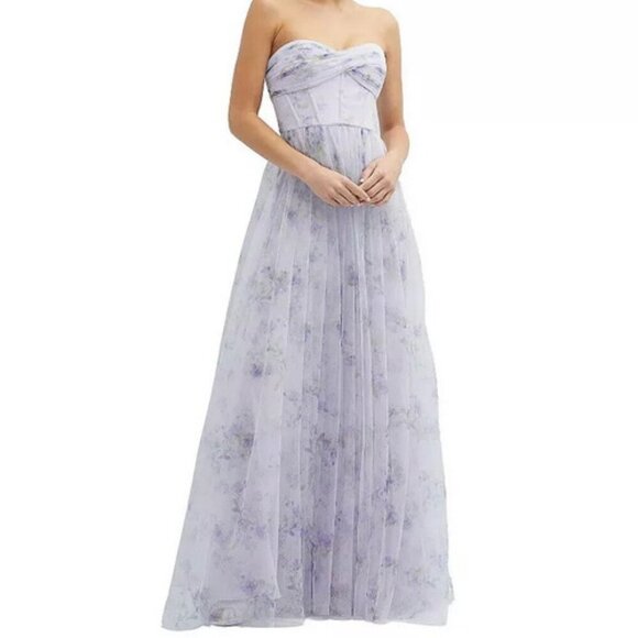 Dessy Lilac Haze Garden Floral Print Strapless Tulle Gown 3129FP - Picture 1 of 2